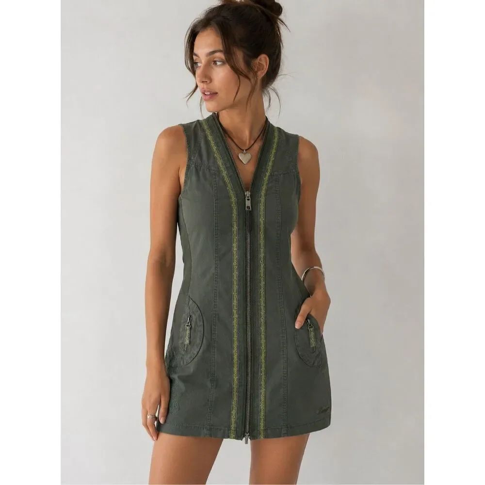 Rare Desigual Limited Edition Zip Front Mini Dress Vest Olive Green EU 46 Cotton